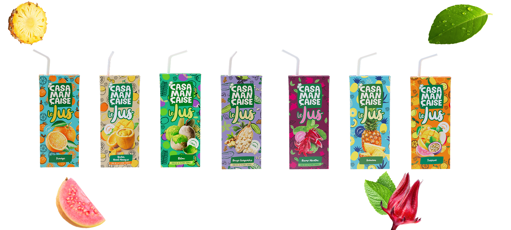 La gamme complète Casamançaise Le Jus : Orange, Maad-Mangue, Ditax, Bouye-Gingembre, Bissap-Menthe, Ananas et Tropical